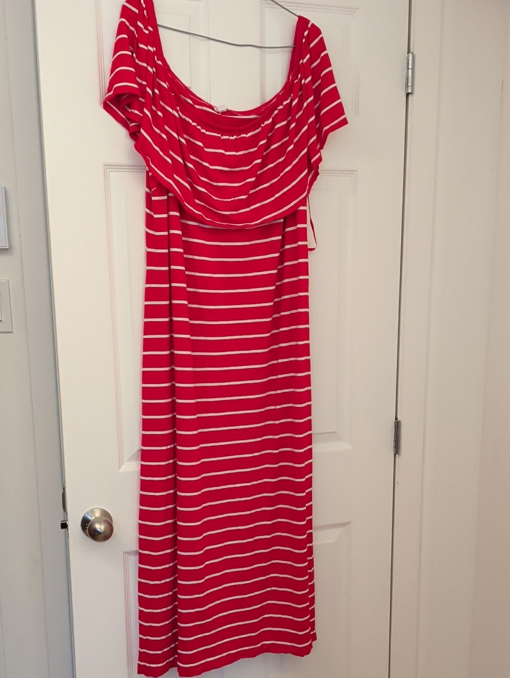 Westport Red and White Striped Off-Shoulder Maxi Dress